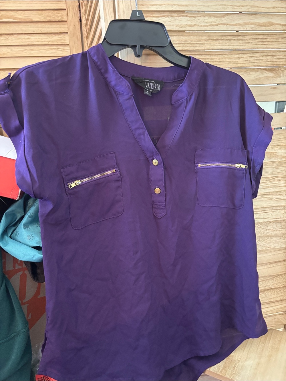 Wanderer Purple Short-Sleeve V-Neck Utility Blouse with Gold Zippers Medium